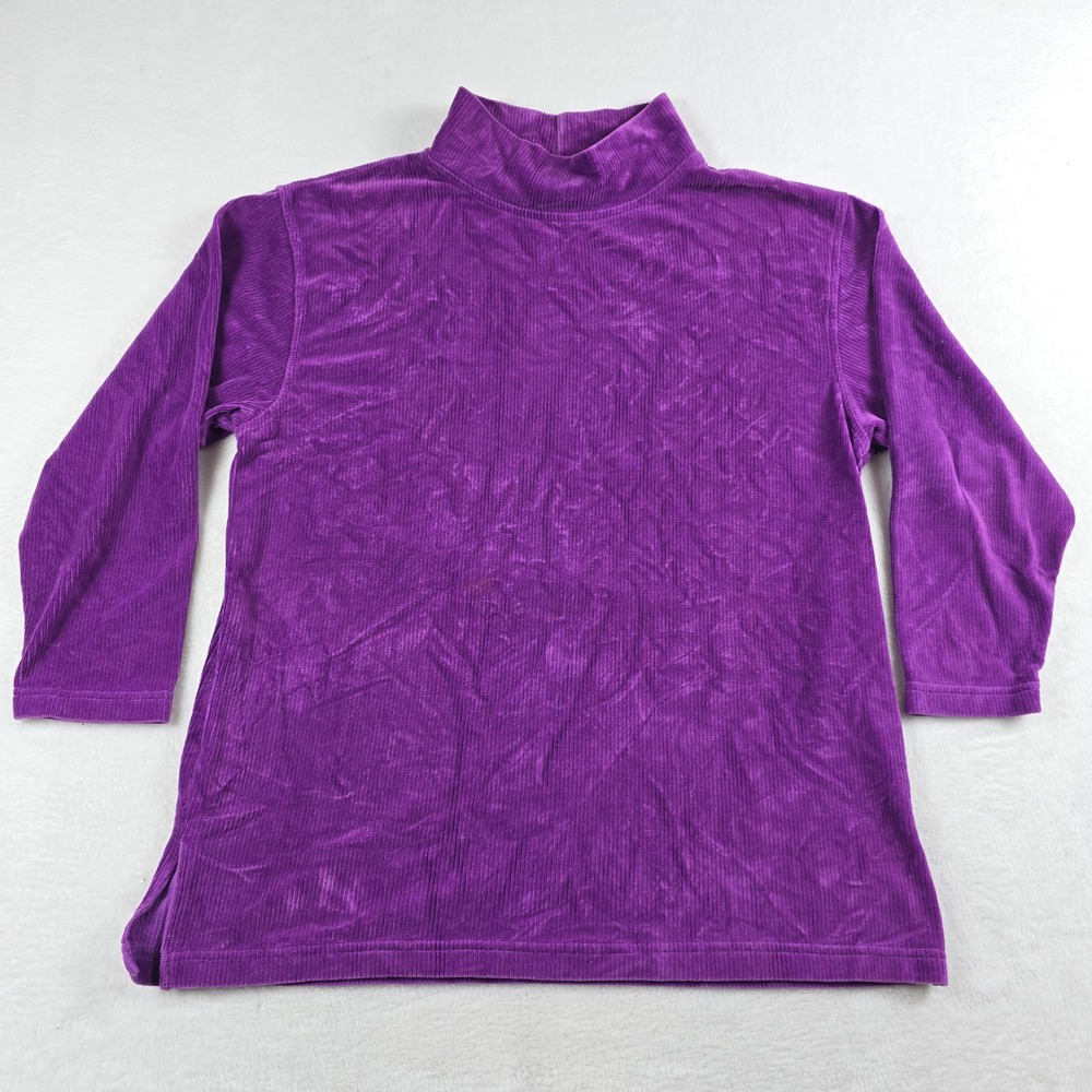 Bold Spirit Womens XL Purple Corduroy Velour Mock Neck 3/4 Sleeve Top Vintage
